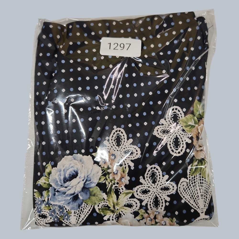 AVENUE Plus Size 26/28 4X Navy Blue Polka Dots Dress Floral Border Bell Sleeve - Picture 7 of 7